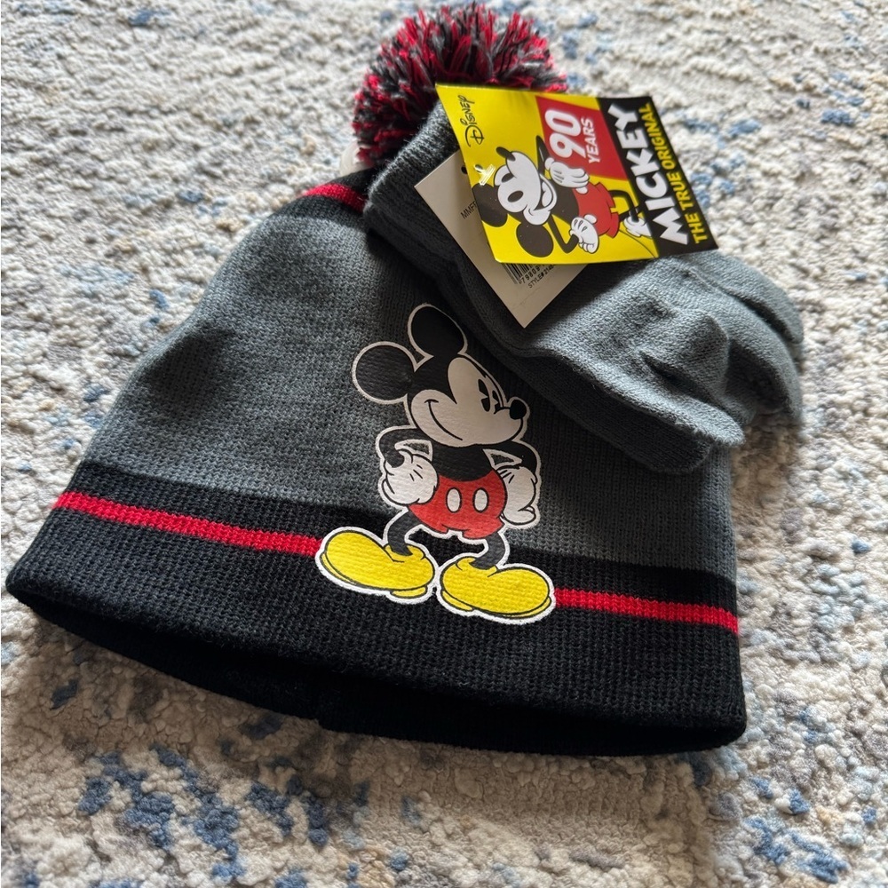 Disney Mickey Mouse Kids Gray, Black & Red Pom Beanie NWT!